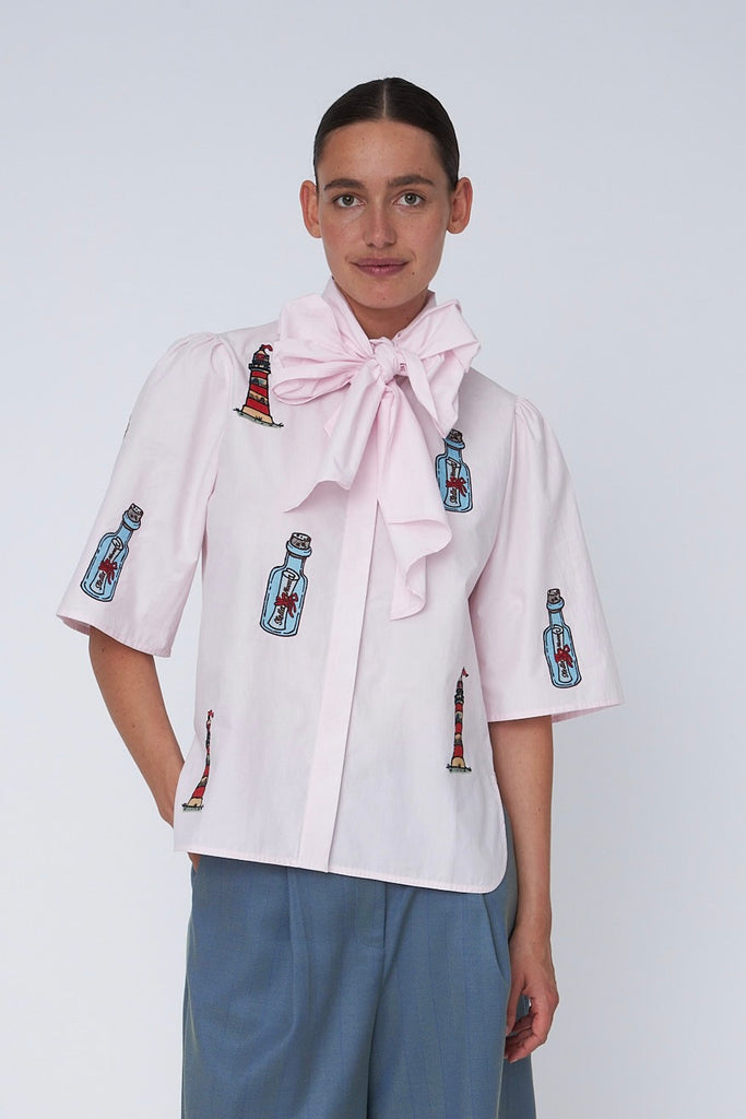 Embroidered Bow Shirt - Pale Pink - Stella Nova