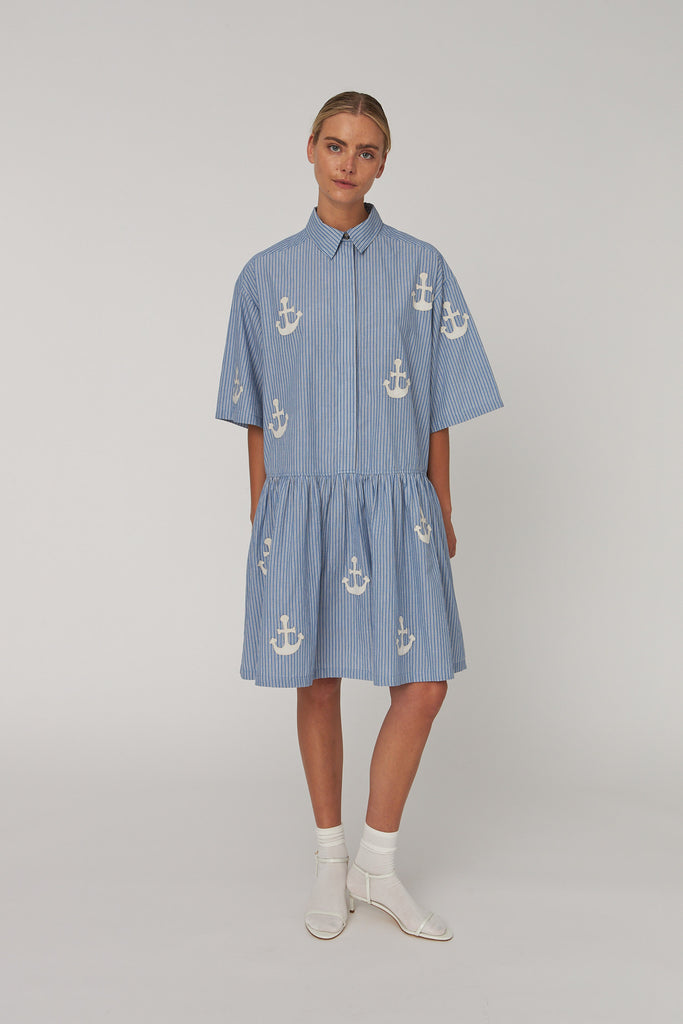 Oversized Dress With Embroidered Anchor - Blue Stripes - Stella Nova