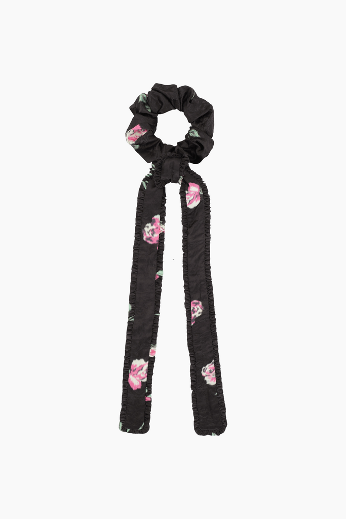 Crinkled Satin Frill Bow Scrunchie - Black - GANNI