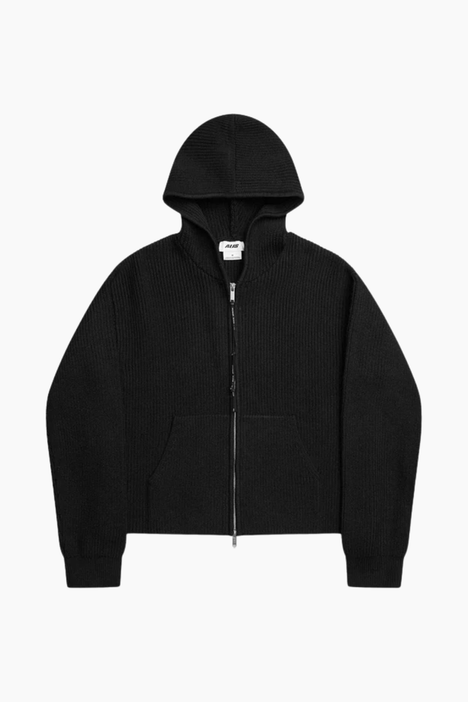 Barian Ribbed Knit Hoodie - Solid Black - ALIS