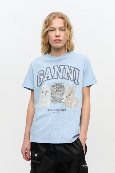 Basic Cotton Jersey Animals Relaxed T-Shirt T4278 - Chambray Blue - GANNI