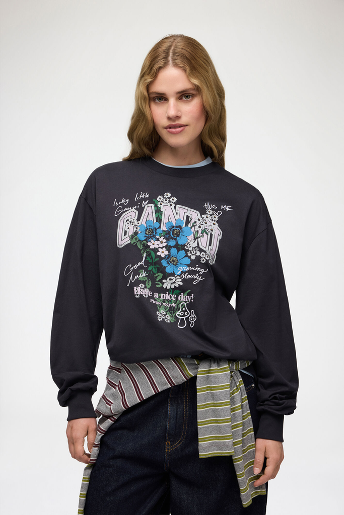 Basic Cotton Jersey Longsleeve Flower Print A1050305 - Phantom - GANNI