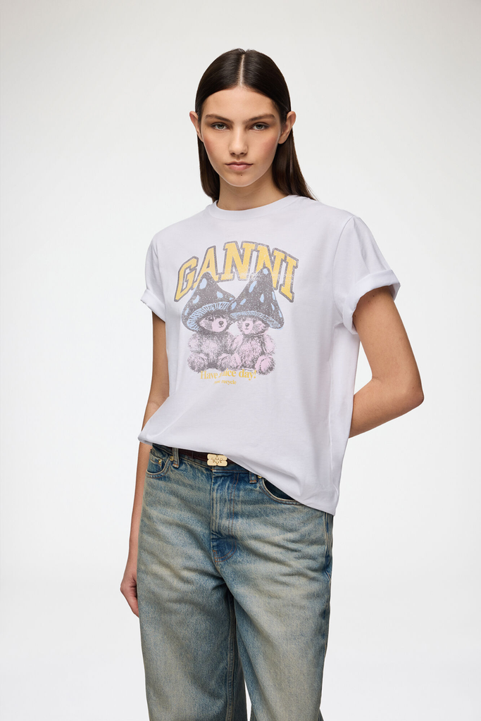 Basic Cotton Relaxed T-shirt Teddy Mushrooms A1050311 - Bright White - GANNI
