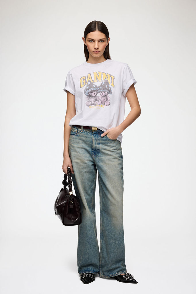 Basic Cotton Relaxed T-shirt Teddy Mushrooms A1050311 - Bright White - GANNI