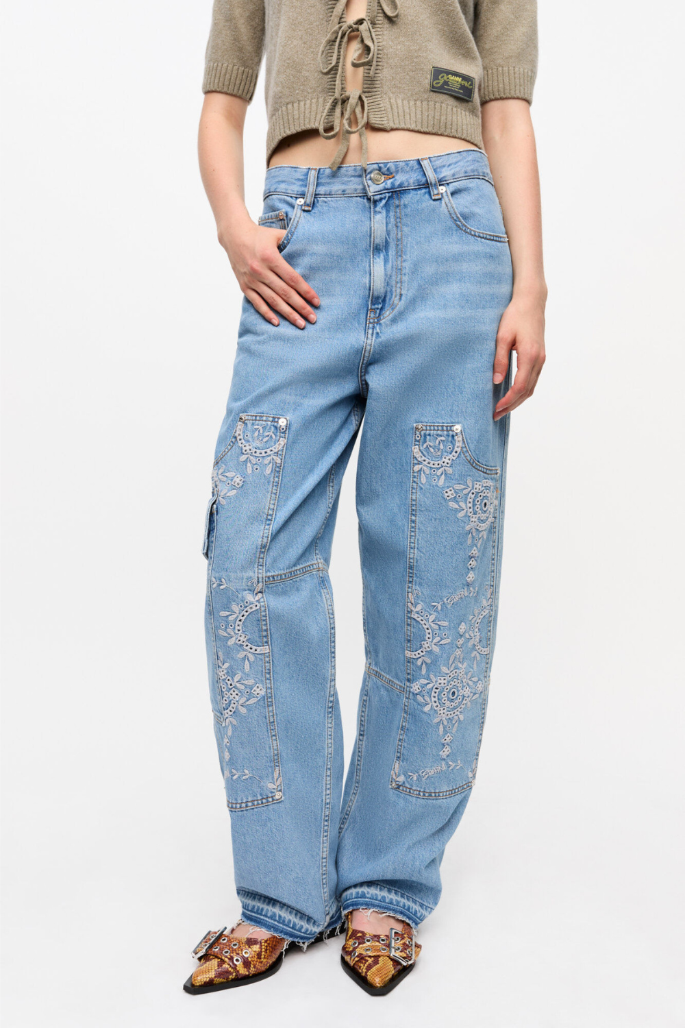 Broderie Anglaise Denim Carpenter Jeans J1695 - Light Blue Stone - GANNI-1