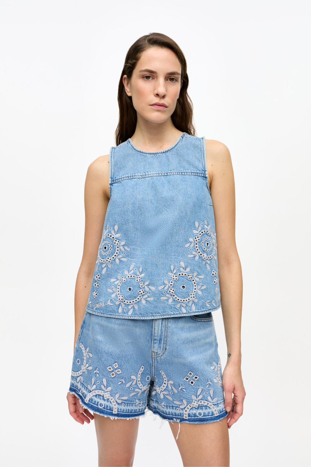 Broderie Anglaise Denim Top J1710 - Light Blue Stone - GANNI-1