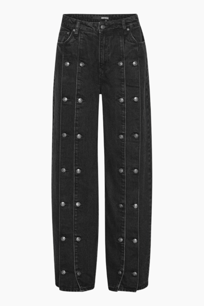 Button Detail Wide Jeans - Black Denim - Rotate