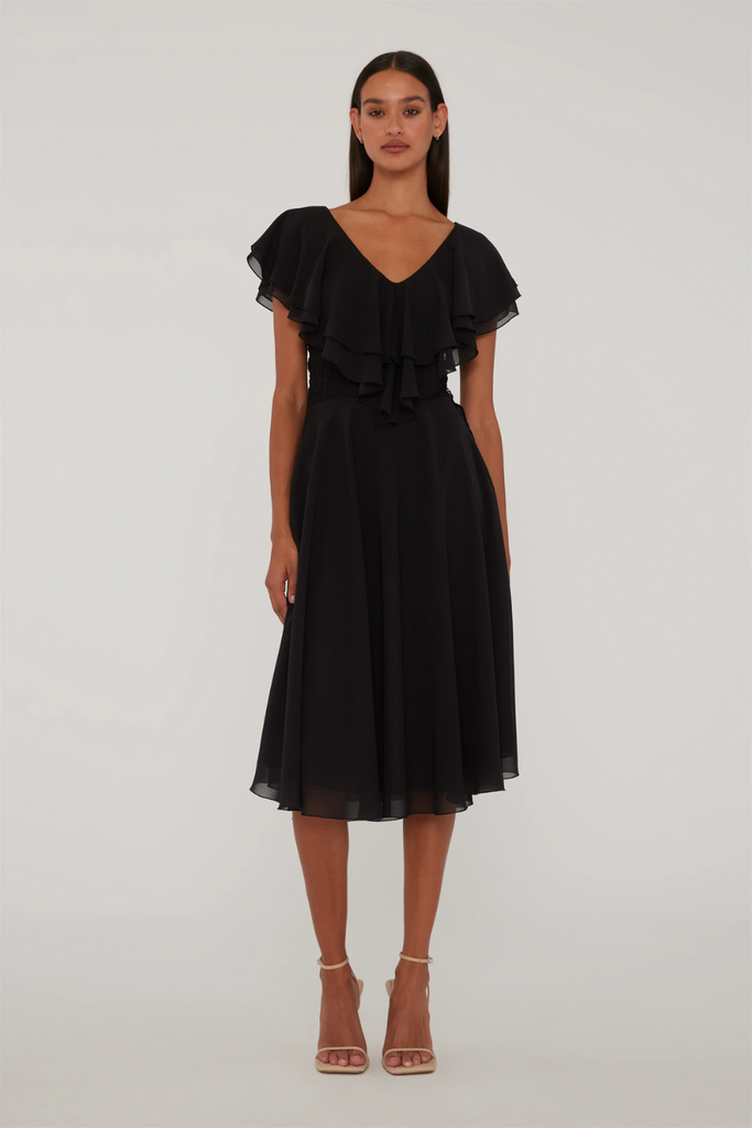 Chiffon Wide Ruffle Dress - Black - ROTATE