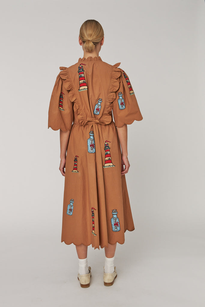 Embroidered Midi Dress With Scallops - Brown - Stella Nova