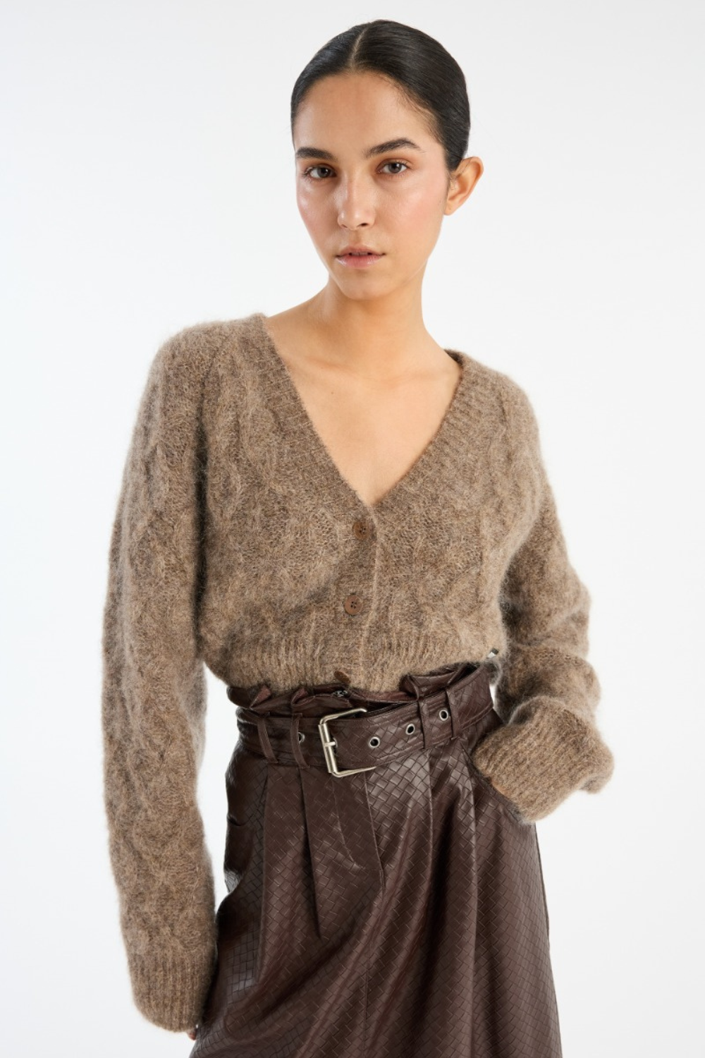 Fluffy Knit Cardigan - Pine Bark - Rotate