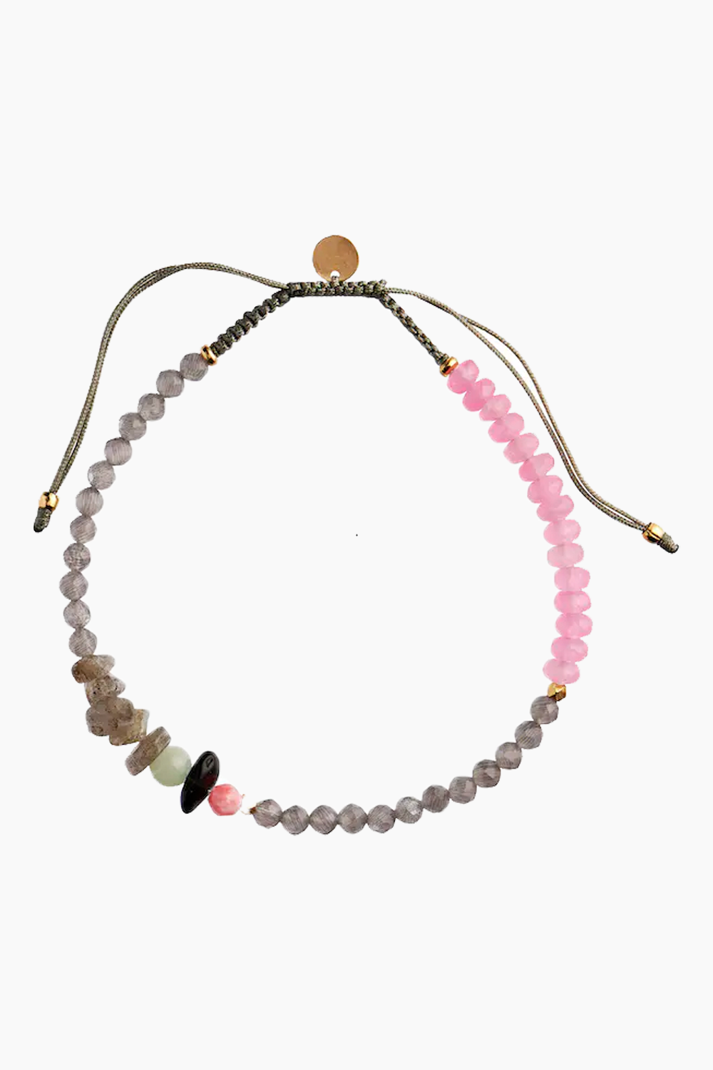 Harmony Bracelet With Calm Grey & Pink Gemstones and Khakigrey Ribbon - Stine A