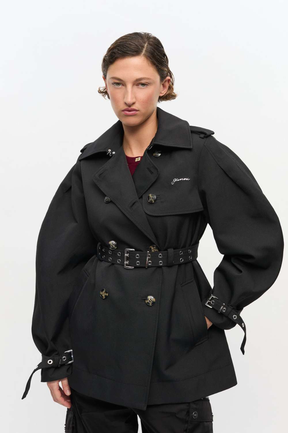 Heavy Twill Midi Trench Coat W0893 - Black - GANNI