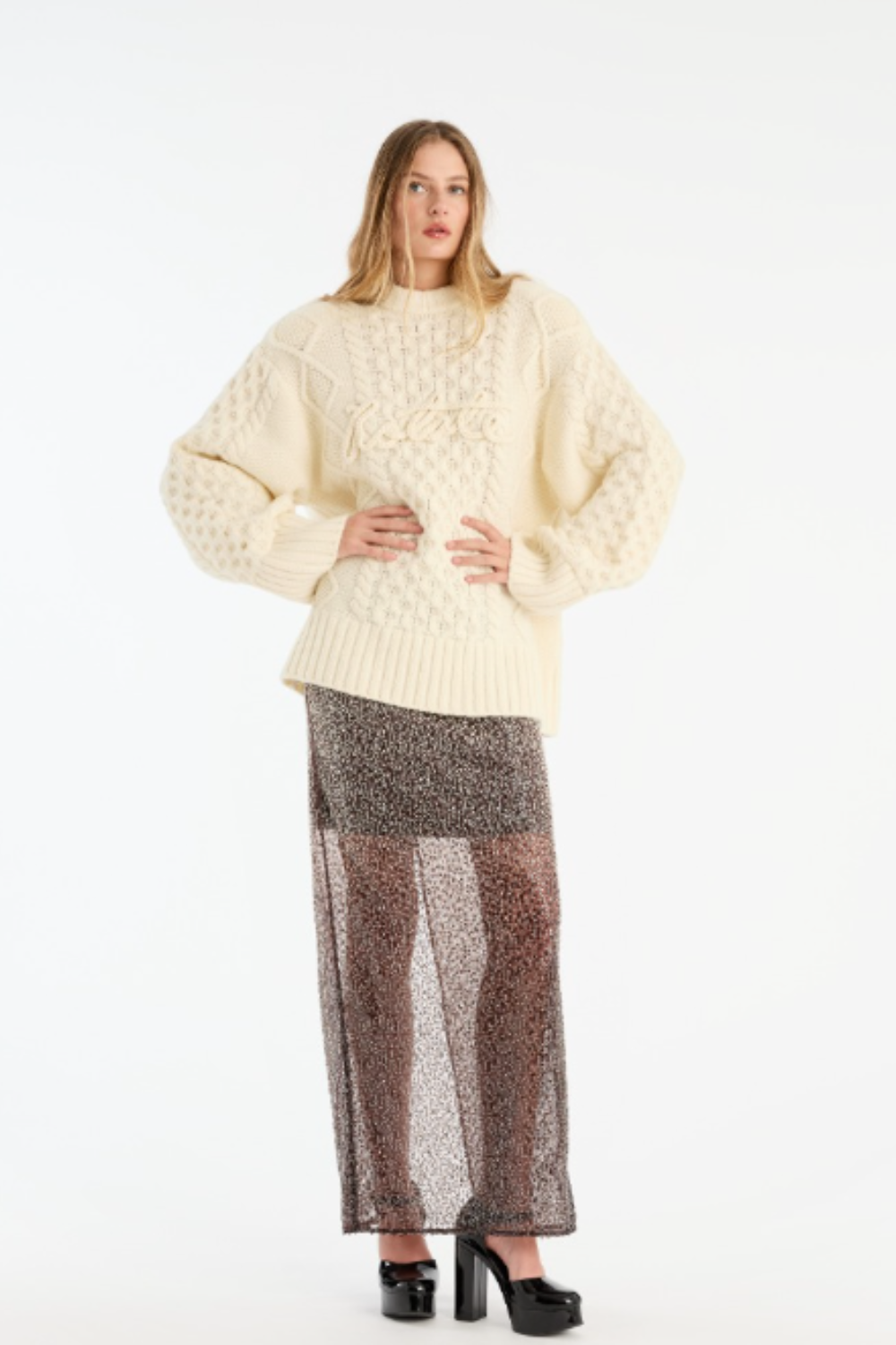 Knit Cable Crewneck - Egret - Rotate