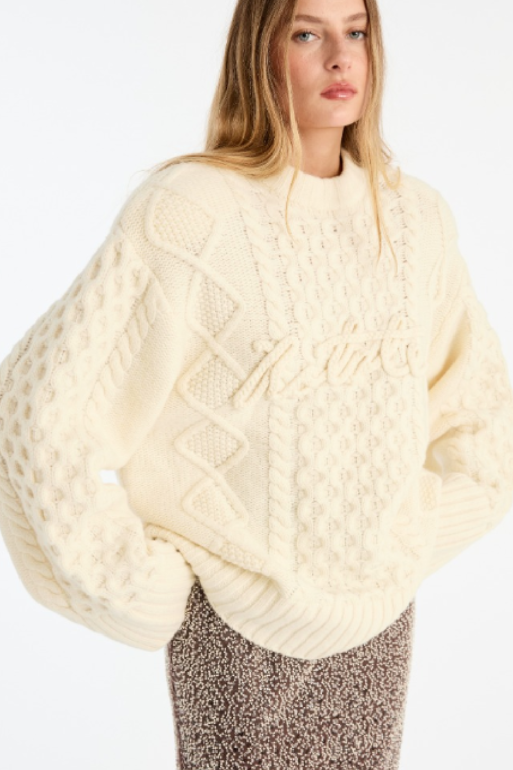 Knit Cable Crewneck - Egret - Rotate