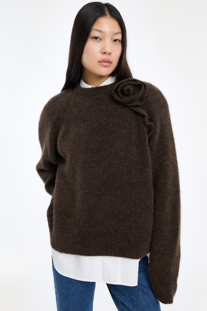 Knit Flower Jumper - Mørkebrun - ROTATE
