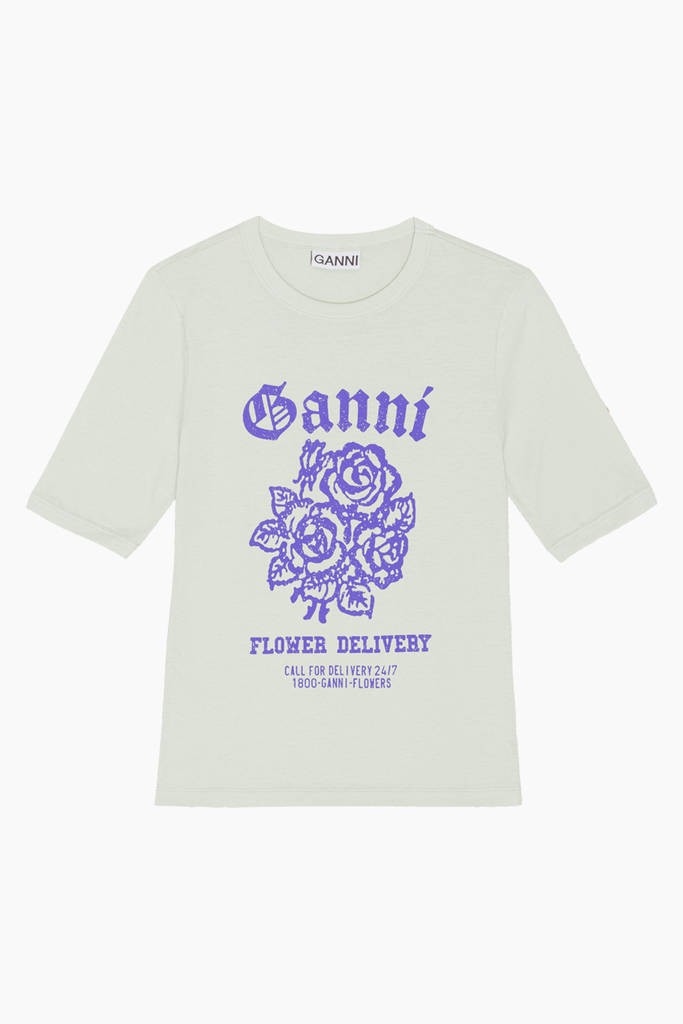 Light Cotton Jersey Flower Fitted T-Shirt T3632 - Sea Foam - GANNI
