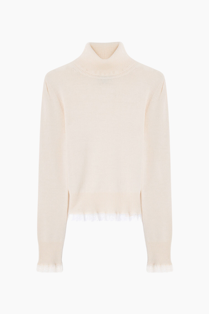 Merino Turtleneck w lace details A1150062 - Egret - GANNI