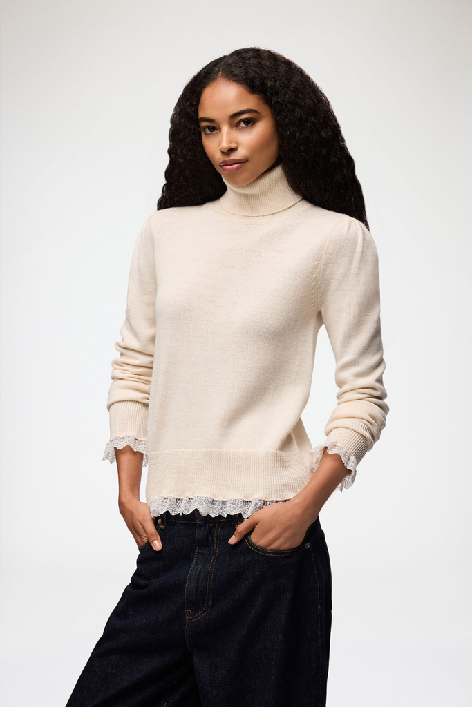Merino Turtleneck w lace details A1150062 - Egret - GANNI