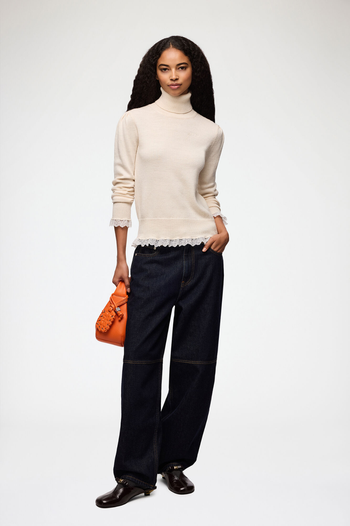Merino Turtleneck w lace details A1150062 - Egret - GANNI