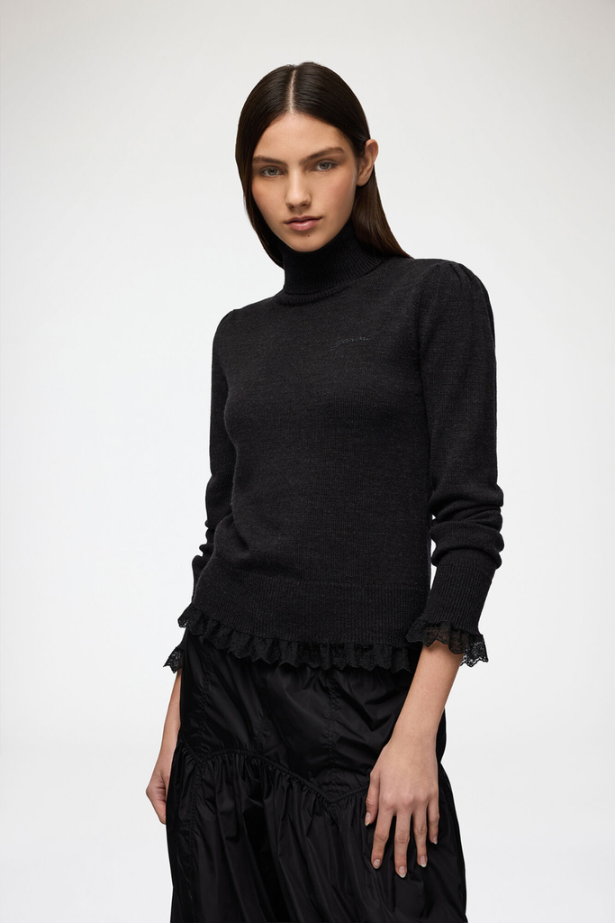 Merino Turtleneck w lace details A1150062 - Phantom - GANNI