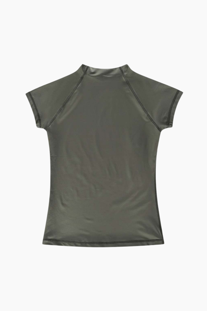 Mock Neck Stretch T-Shirt - Stone Sage Beluga - bareen