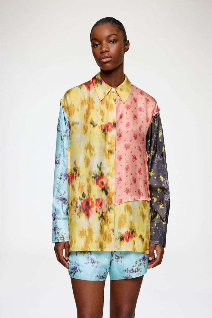 Multi Printed Silk Twill Long Sleeve Shirt A1040359 - Iced Aqua - GANNI