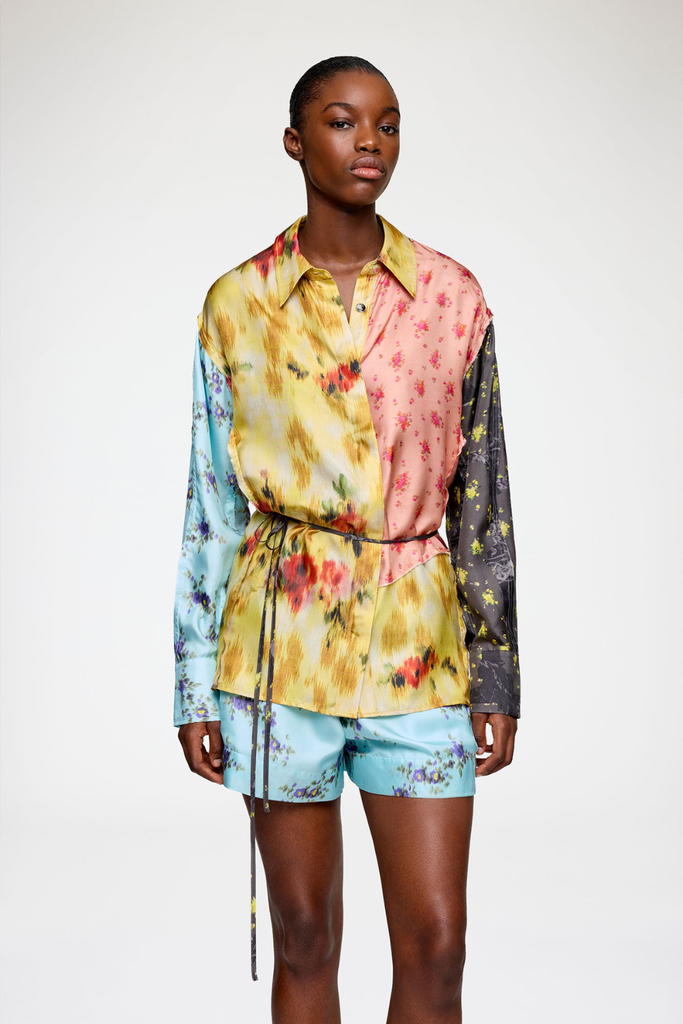Multi Printed Silk Twill Long Sleeve Shirt A1040359 - Iced Aqua - GANNI