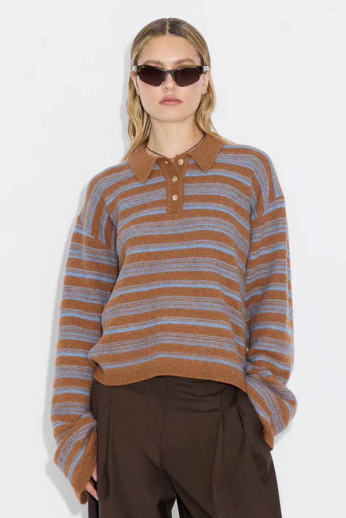 Olivia Wool Polo - Brown Stripe - Holzweiler