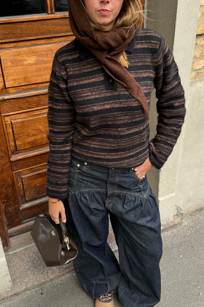 Olivia Wool Polo Sweater - Brown Stripe - Holzweiler