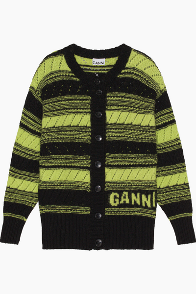 Organic Wool Cardigan Striped K1892 - Black - GANNI