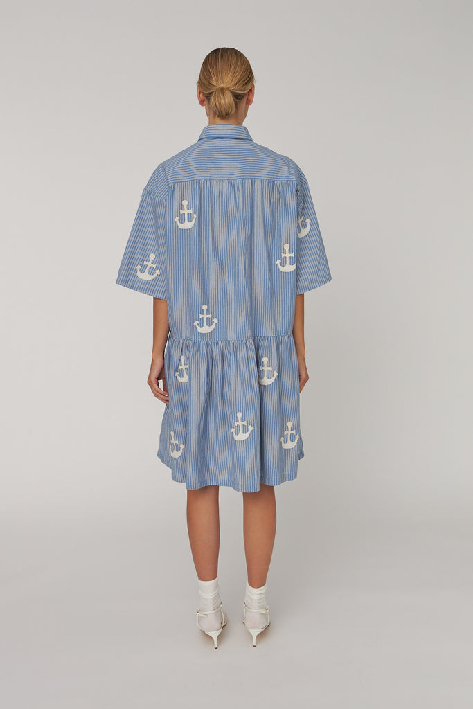 Oversized Dress With Embroidered Anchor - Blue Stripes - Stella Nova