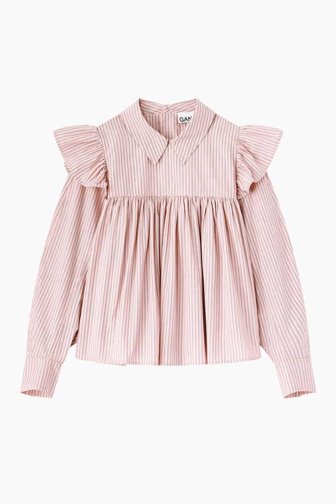 Oxford Stripe Frill Blouse A1040084 - Chalk Pink - GANNI