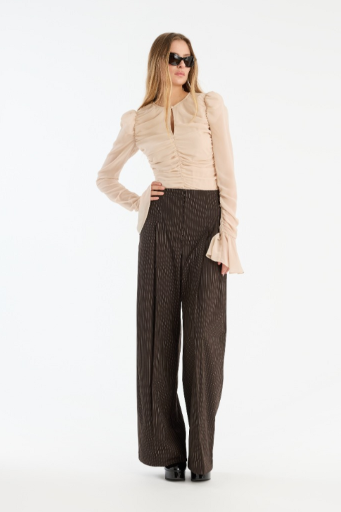 Pinstripe Wide Leg Pants - Chicory Coffee Comb - Rotate