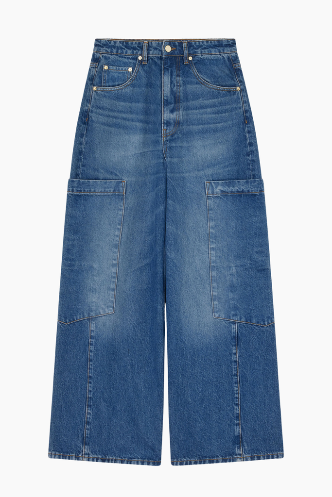 Rigid Denim Baggy Cargo Jeans A1100180 - Mid Blue Stone - GANNI