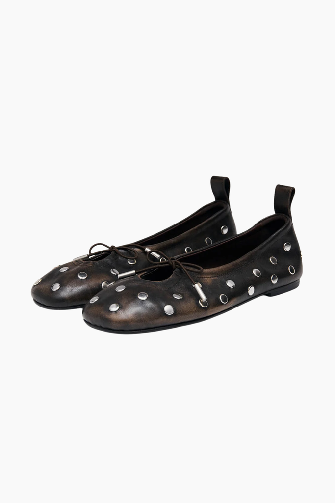 Rosalind All Studs Vintage Effect Brown Leather Ballet Flats - Brown - Alohas
