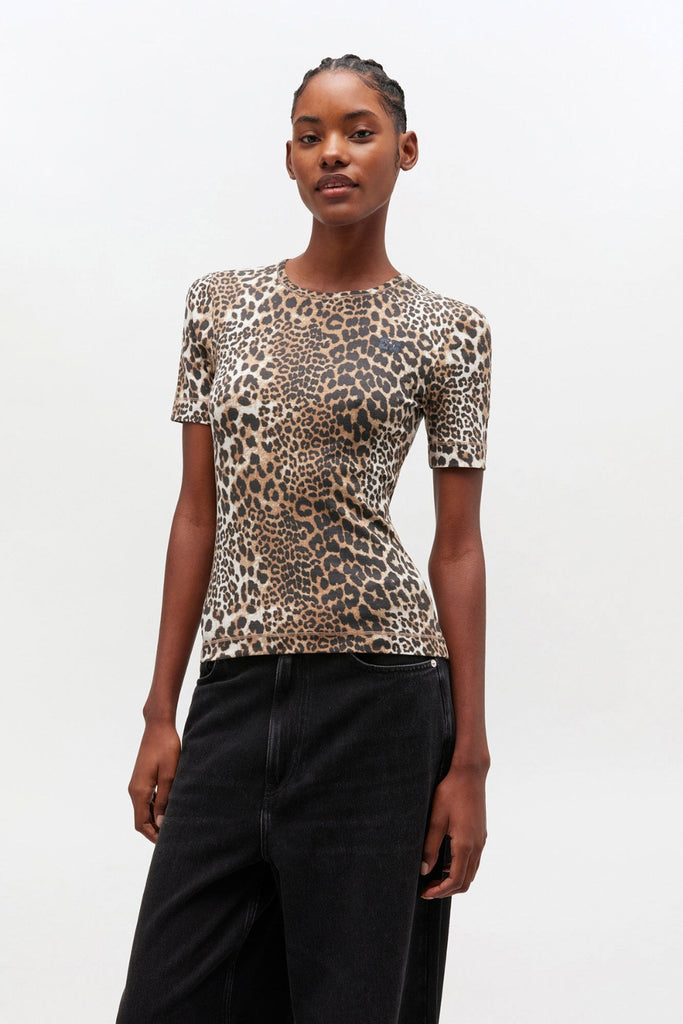 Soft Cotton Rib Short Sleeve T-Shirt T4405 - Leopard - GANNI