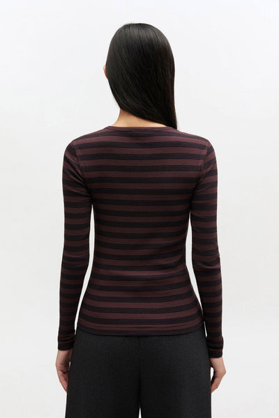 Soft Cotton Stripe Rib Longsleeve A1050066 - Chocolate Plum - GANNI