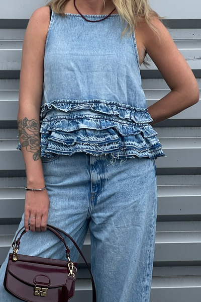 Soft Rigid Denim Frill Top J1818 - Light Blue Stone - GANNI