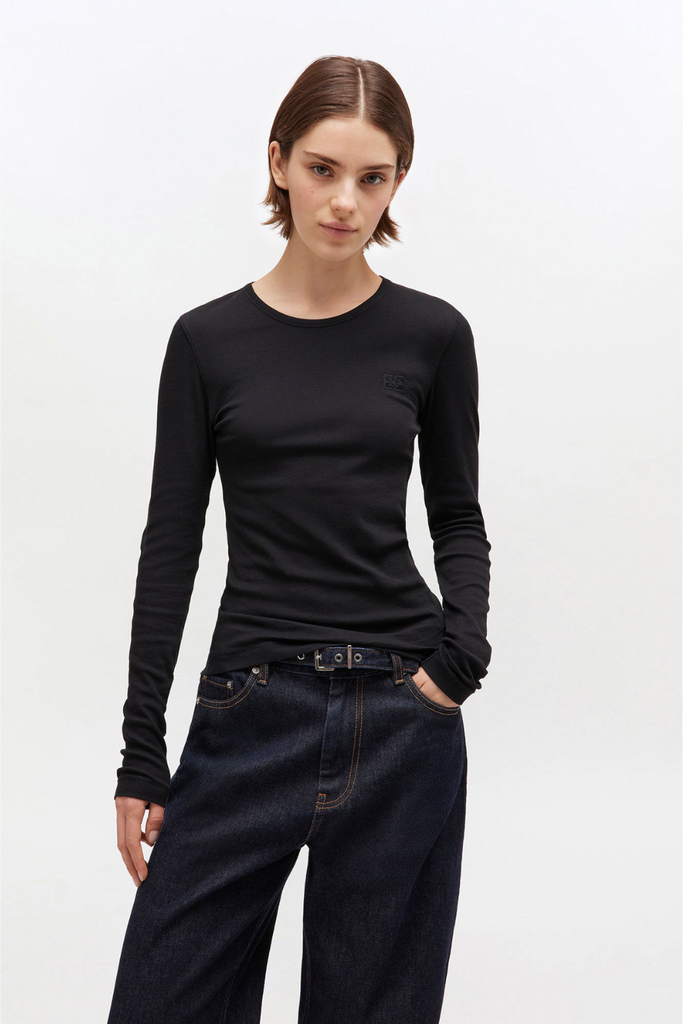 Soft Cotton Rib Long Sleeve T-Shirt T4313 - Black - GANNI