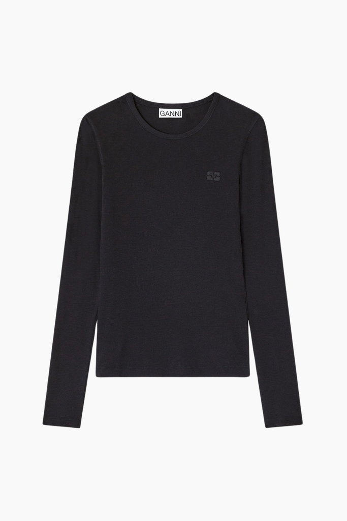 Soft Cotton Rib Long Sleeve T-Shirt T4313 - Black - GANNI