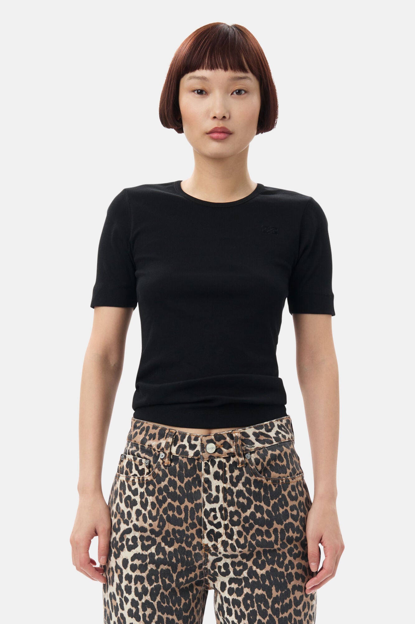 Soft Cotton Rib Short Sleeve T-Shirt T4012 - Black - GANNI-1