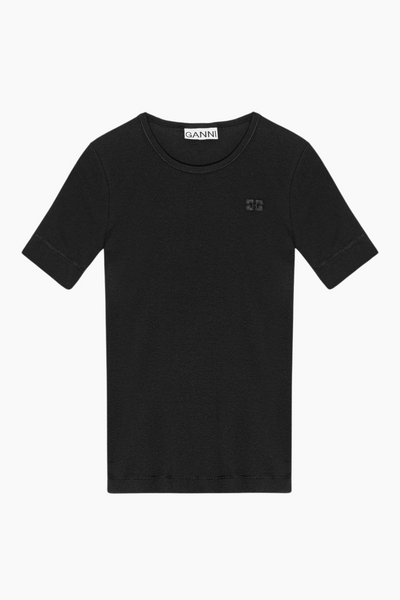 Soft Cotton Rib Short Sleeve T-Shirt T4012 - Black - GANNI