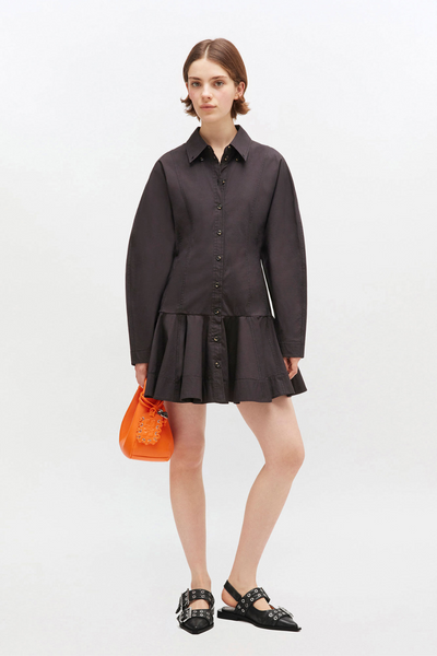 Stretch Cotton Buttoned Mini Dress W1001 - Black - GANNI