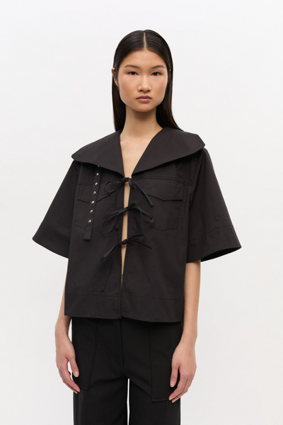 Stretch Cotton Cowl Neck Blouse W0880 - Black - GANNI