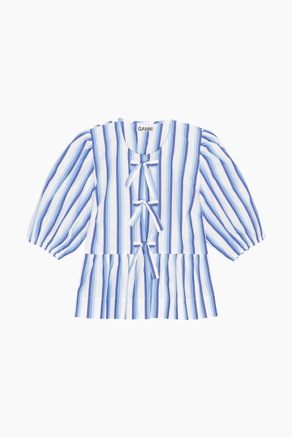Stripe Cotton Peplum Puff Sleeve Blouse F9184 - Silver Lake Blue - GANNI