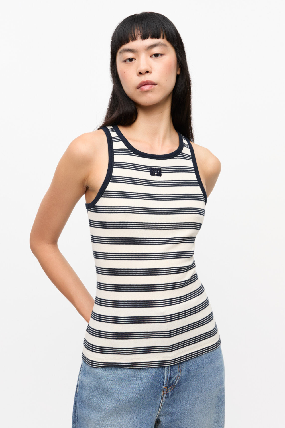 Striped Soft Cotton Rib Tank Top T4144 - Sky Captain - GANNI