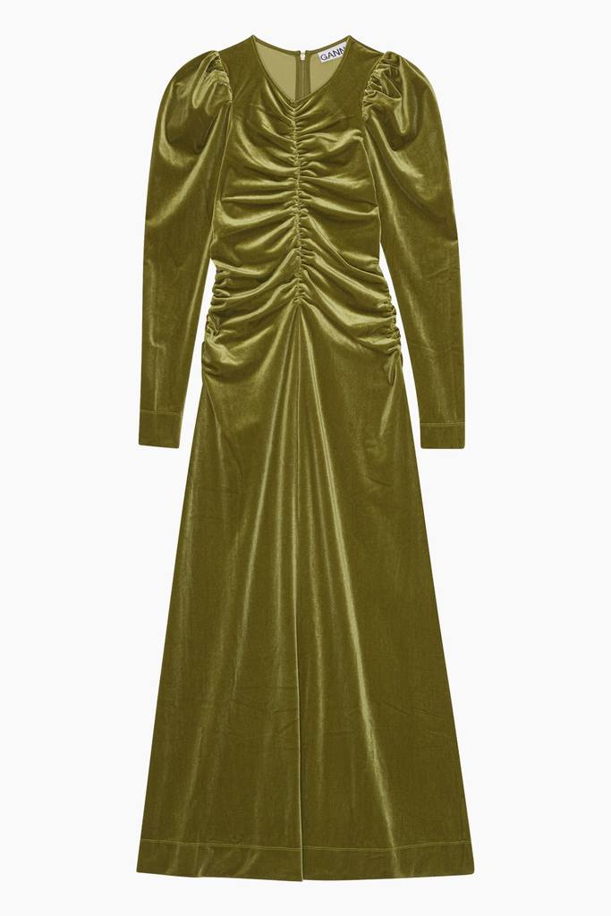 Velvet Jersey Gathered Long Dress T3709 - Avocado - GANNI