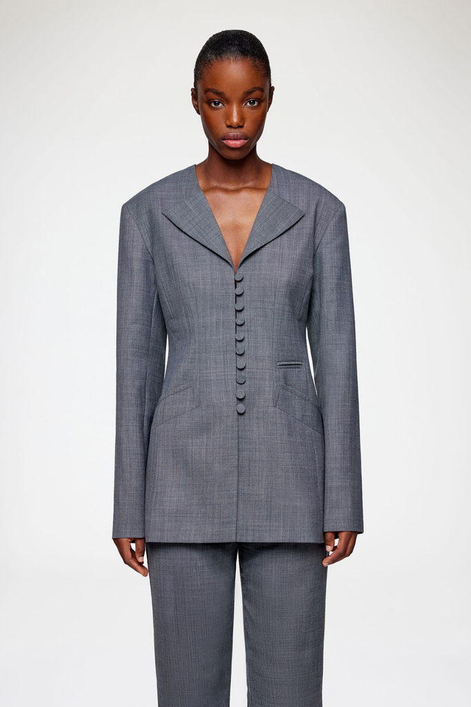 Wool Melange Suiting Long Button Blazer A1020052 - Phantom - GANNI