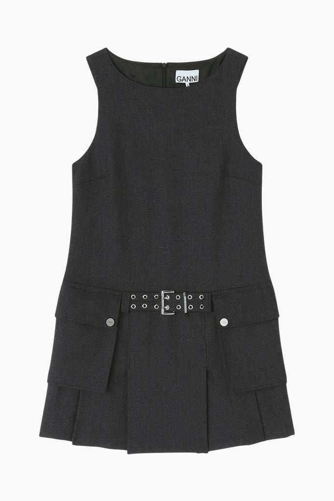 Wool Suiting Belted Mini Dress A1030115 - Phantom - GANNI