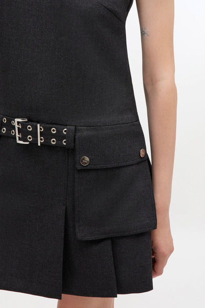 Wool Suiting Belted Mini Dress A1030115 - Phantom - GANNI